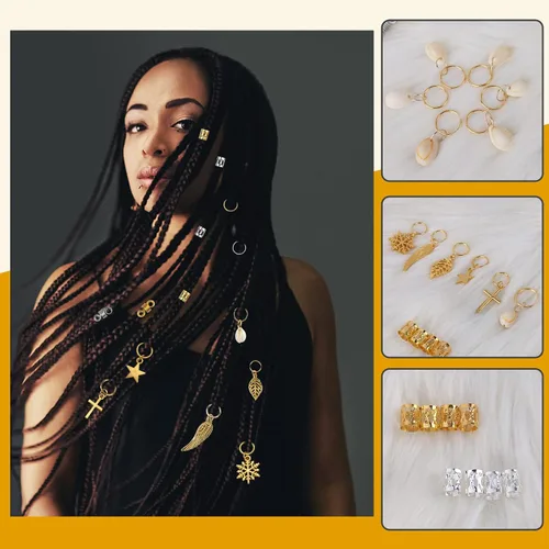 Miniatura 3 de Nafaboig 200 cuentas de cabello para trenzas, joyería Loc para cabello, accesorios de rastas, clips de metal dorado y plateado, espirales, anillos