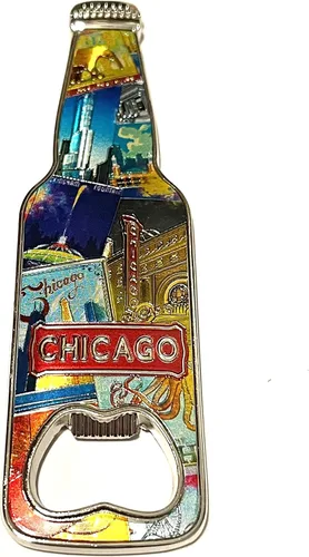 SUREG - Imán de abrebotellas de recuerdo en forma de botella, varios estados y ciudades, coleccionable, diseño de collage retro, recuerdo Chicago