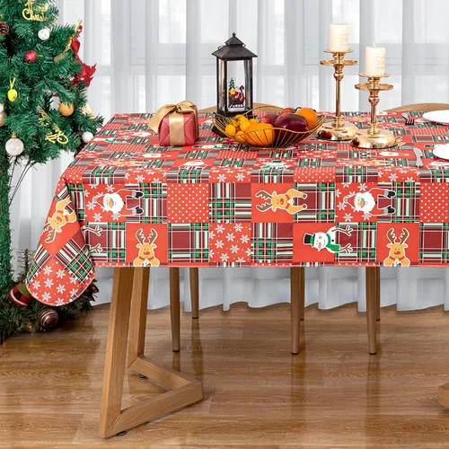 Miniatura 19 de Mantel de vinilo desechable con reverso de franela, impermeable, patrón de copo de nieve y reno (60 pulgadas, 2-4 asientos)