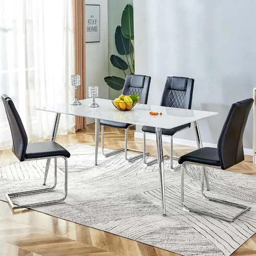Miniatura 9 de Juego de mesa de comedor en blanco y negro de 51 pulgadas para 4, mesa de cristal minimalista moderna y 4 sillas tapizadas de piel sintética