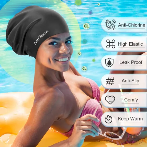 Miniatura 5 de EverSport Gorro de natación grande para trenzas y rastas, gorro de natación de silicona impermeable para mujeres y hombres que mantiene el cabello