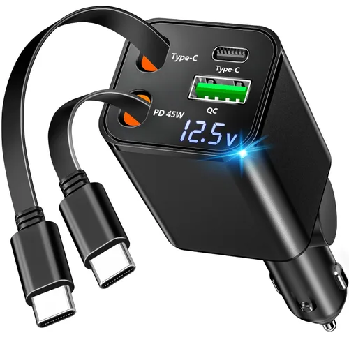 [Apple MFi Certified] Retractable Car Charger USB C, Braveridge 120W USB C Car Charger 4 in 1 PD/QC Type C Fast Charge Cigarette Lighter Adapter for