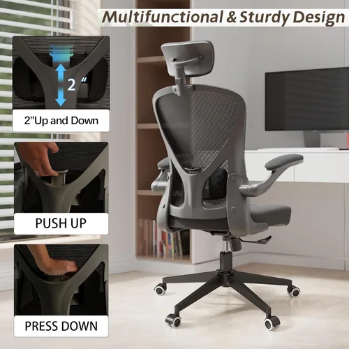 Miniatura 2 de Silla de oficina ergonómica con función de inclinación, reposacabezas ajustable con brazos abatibles, cojín para soporte lumbar y ruedas