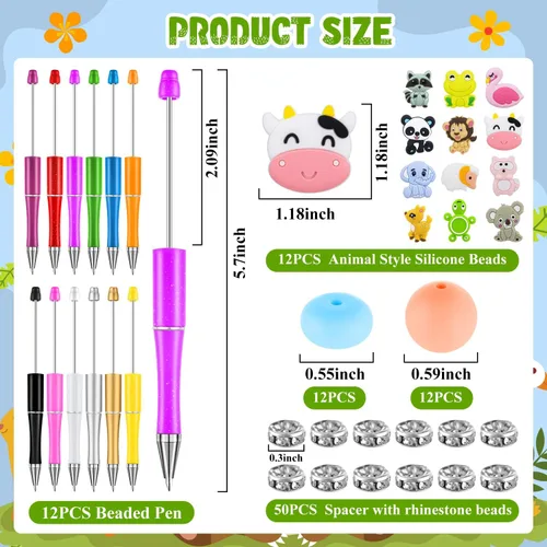 Miniatura 5 de 12 piezas de bolígrafos de plástico con cuentas, bolígrafos con cuentas de silicona de animales, cuentas espaciadoras de cristal, bolígrafos de bola