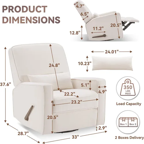 Miniatura 2 de Tbfit Silla reclinable giratoria de 360°, mecedora de guardería con soporte lumbar para dormitorio, cómodo sillón tapizado con almohadas y Beige