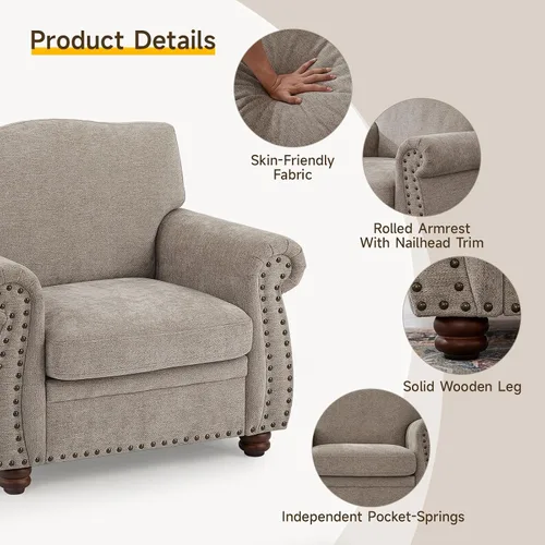 Miniatura 3 de ONBRILL Sillón con ribetes de tachuelas, silla decorativa con brazos curvos para sala de estar, cómoda silla de club de felpilla con cojines