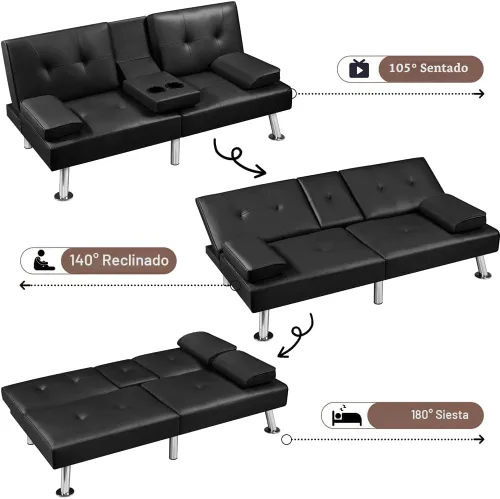 Miniatura 5 de Yaheetech Sofá Cama Convertible Sillón Reclinable Ajustable Moderno de Cuero Sintético Sofá de Dos Plazas Reversible Cama Plegable Tipo Diván