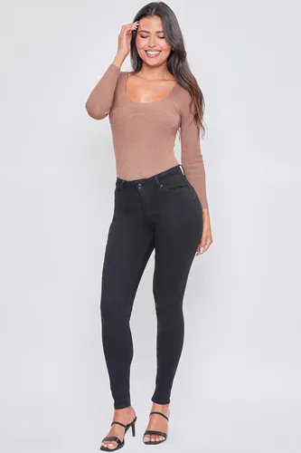 Miniatura 2 de YMI Jeans ajustados básicos de 1 botón para mujer, hechos con fibras recicladas