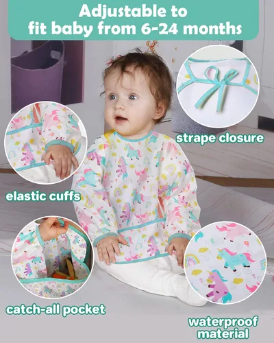 Miniatura 6 de Lictin Paquete de 3 Baberos para Bebé, Babero de Manga Larga Lindo, Baberos Impermeables para Niños Pequeños, Babero Ajustable con Cierre para Bebé