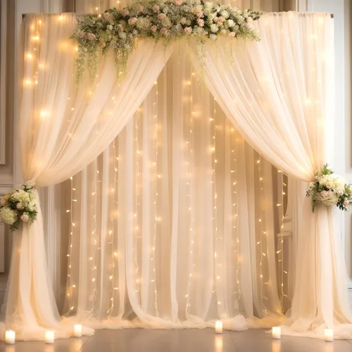 Miniatura 16 de Cortina de telón de fondo de tul azul bebé de 10 x 8 pies con cadena de luces para fiestas, cortinas de fondo transparentes para bodas, baby shower