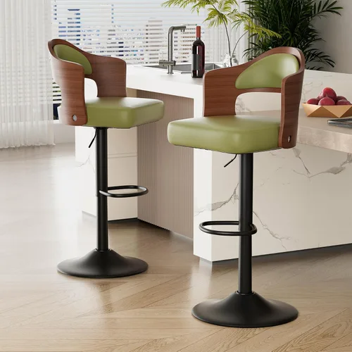 Miniatura 18 de Juego de 2 taburetes de bar giratorios, taburetes de bar de madera tapizados en cuero PU con respaldo y reposapiés, asiento de altura ajustable