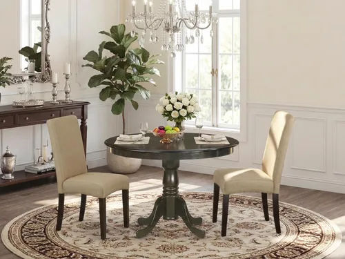 Miniatura 2 de East West Furniture HLDR3-CAP-03 Juego de mesa de comedor de 3 piezas contiene una mesa de comedor redonda con pedestal y 2 sillas Parson tapizadas