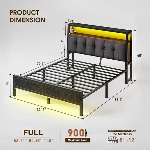 Miniatura 2 de Homkdom Base de cama de tamaño matrimonial con estación de carga, marco de cama tamaño matrimonial con luces LED con cabecera de almacenamiento Negro