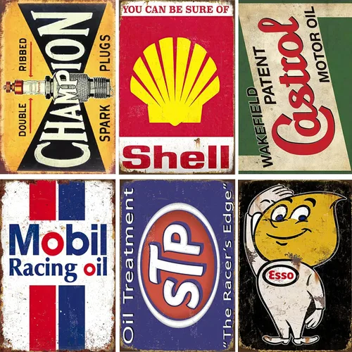 Juego de 6 letreros de metal vintage, letreros retro de garaje y estación de petróleo y gasolinera para decoración de pared para cueva de hombre,