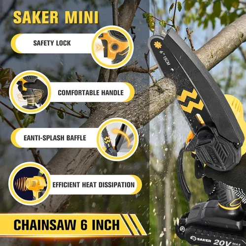 Miniatura 4 de Saker Mini motosierra inalámbrica de 6 pulgadas con interruptor de bloqueo de seguridad, motosierra eléctrica inalámbrica, motosierra pequeña