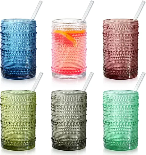 Miniatura 9 de Vasos altos vintage azules con reborde y pajitas, juego de 12 vasos de vidrio para cócteles, whisky, cerveza y jugo (15 onzas y 12 onzas)