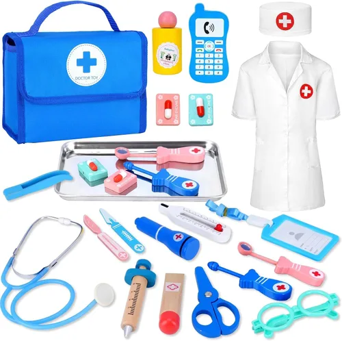 Kit de médico para niños pequeños de 3 a 5 años, kit de médico para niños con bolsa de almacenamiento médico y estetoscopio real, disfraz de médico