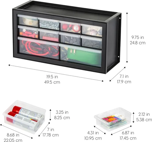 Miniatura 3 de IRIS USA Cajones de almacenamiento pequeños de plástico, 10 cajones - 2 paquetes, caja de herramientas para maestros apilable, organizador de piezas