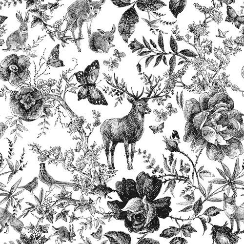 Miniatura 10 de Papel pintado vintage en blanco y negro floral de despegar y pegar - Flores, colibríes, mariposas - Extraíble 17.7"x118.1" Negro/Blanco