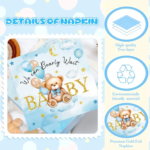 Miniatura 2 de Crtiin 100 servilletas de baby shower con texto en inglés «We Can Bearly Wait», decoraciones de baby shower para niños, servilletas de regalo