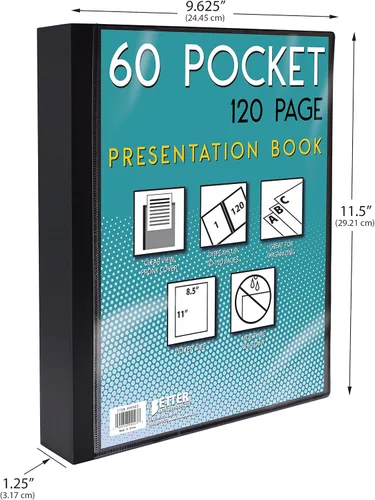Miniatura 6 de Better Office Products Libro de presentación negro con 60 bolsillos, con cubierta frontal transparente, 120 páginas protectoras de hojas, hojas