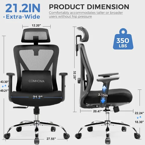 Miniatura 2 de COMHOMA ErgoFlex-P26 - Silla de oficina ergonómica, grande y alta, 350 libras, con soporte lumbar adaptativo 3D y reposacabezas, silla de escritorio