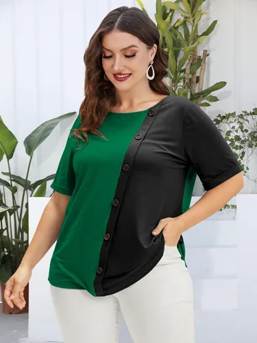 Miniatura 2 de Camisetas de talla grande para mujer, con botones de contraste, blusas casuales de verano, camisas de manga con puños