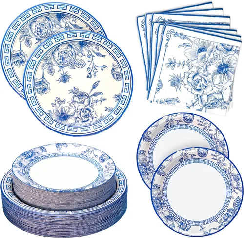 180 piezas de suministros para fiestas azules y blancos con flores, juego de platos y servilletas de papel azul con flores para decoración de baby
