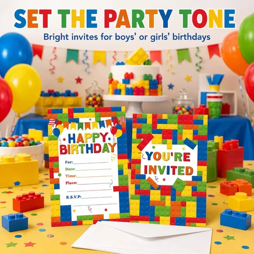 Miniatura 5 de Nezyo Paquete de 30 invitaciones para fiesta de cumpleaños de niños, suministros de fiesta de niños, regalos de ladrillos apilables, juego