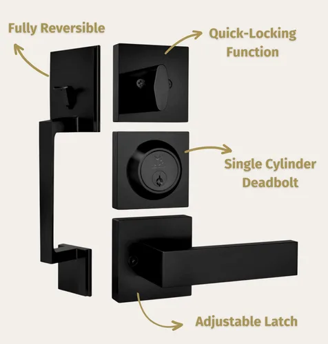 Miniatura 2 de Mega Handles - Juego de manijas de puerta de entrada TOBELLE en acabado negro mate - Manija de un solo cilindro con palanca para puertas de entrada