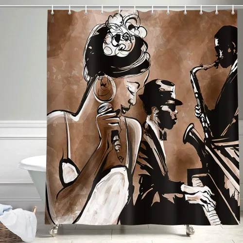 Miniatura 2 de Cortina de ducha de jazz para mujer americana, africana, afro negra, canto música jazzista, afrocéntrica, arte negro, estilo grunge, tela