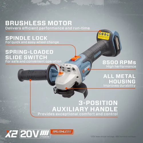 Miniatura 8 de SENIX PAX2115-M2-0 X2 20 Volt Max* Herramienta de amoladora angular sin escobillas de 4-1/2 pulgadas, 8500 RPM máximo, mango auxiliar de 3
