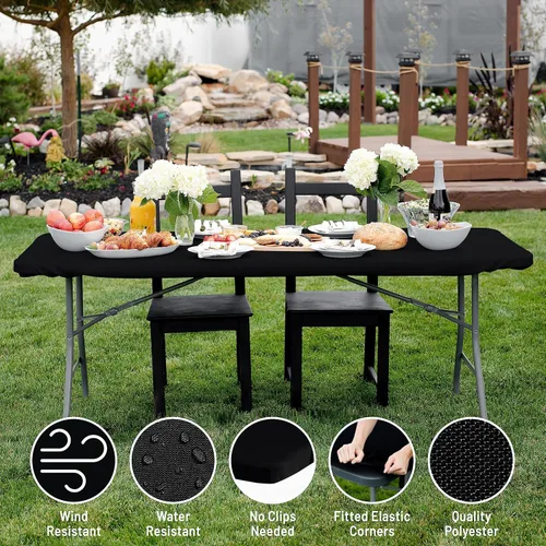 Miniatura 4 de Shamrock Home Mantel ajustable de poliéster de 6 pies, mantel rectangular elástico, mantel para mesas de 6 pies, funda de mesa de picnic para Negro