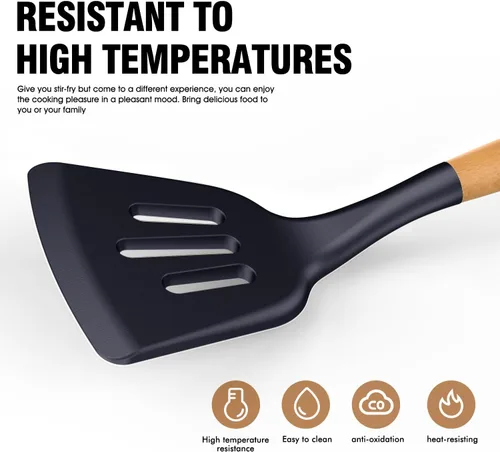 Miniatura 3 de AVGPD - Juego de utensilios de cocina de silicona para cocinar asas de madera, resistentes al calor de 446 °F, utensilios de cocina antiadherentes