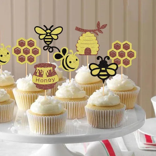 Miniatura 4 de Ercadio 24 piezas de decoración de cupcakes de abeja con purpurina de nido de abeja y miel para temática de abejas, baby shower, niños y niñas