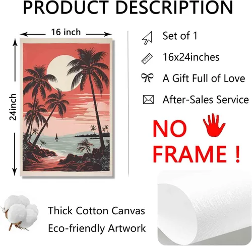 Miniatura 5 de Arte de pared vintage de paisaje marino retro, póster de playa con imagen de palmera, lienzo de árbol tropical, arte de pared, arte de océano