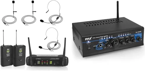 Miniatura 8 de Pyle Sistema de micrófono inalámbrico de 2 canales, juego de micrófono digital UHF portátil con 2 auriculares, 2 solapas, 2 transmisores, cable de ¼
