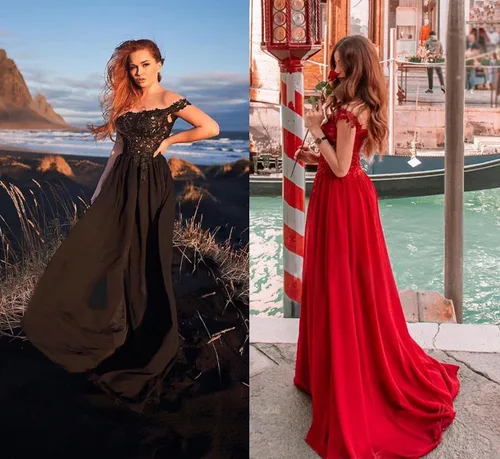 Miniatura 5 de Miao Duo Vestidos largos de graduación con hombros descubiertos para mujer, con abertura de encaje, apliques de gasa, vestidos formales de fiesta