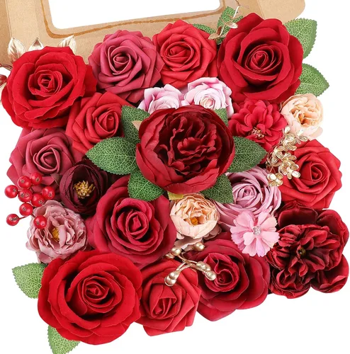 AmyHomie Flores Artificiales Rojas Combo Mezcla de Seda Peonía Rosa Flores Falsas con Tallo para el Día de San Valentín DIY Ramos de Boda Centros de