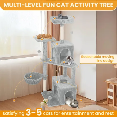 Miniatura 3 de Torre de árbol para gatos de varios niveles de 54 pulgadas con hamaca, condominios y postes rascadores, muebles grandes para gatos