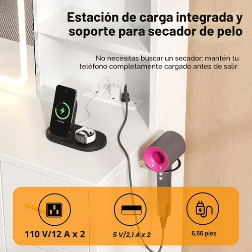 Miniatura 6 de knoworld - Escritorio de tocador con espejo deslizante y luces LED, mesa de maquillaje inteligente con estación de carga, soporte para secador
