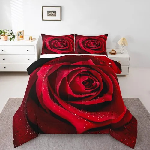 Miniatura 19 de Juego de edredón de rosas rojas, tamaño individual, juego de ropa de cama floral rojo degradado negro para niñas, mujeres, niños, adolescentes