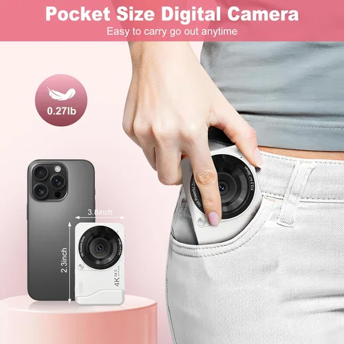 Miniatura 3 de Cámara digital, 4K 64MP, zoom 18X, cámara digital de apuntar y disparar con tarjeta TF de 64 GB y 2 baterías, cámara pequeña recargable portátil