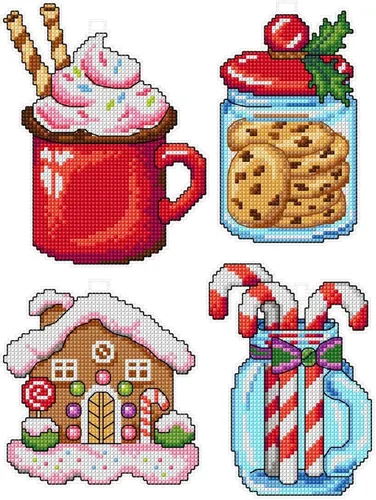 Kit de punto de cruz de conteo sobre lienzo de plástico con dulces de Navidad. 4 adornos de invierno de diferentes dimensiones. 14 hojas de lona de