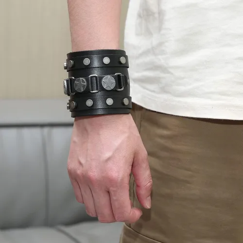 Miniatura 6 de Pulsera ancha de cuero con cinturón ancho para hombre, estilo punk, rock, moto