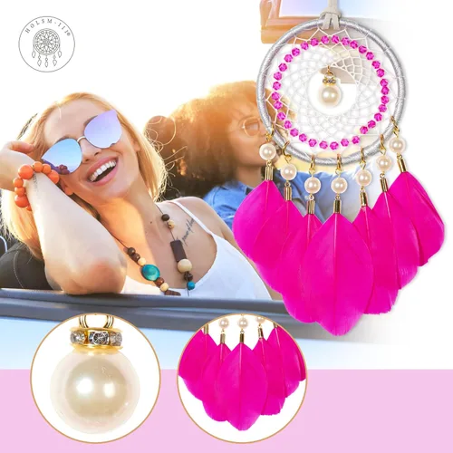 Miniatura 2 de Mini atrapasueños – Pluma de ganso con perla de lujo, cuero natural, pequeño atrapasueños hecho a mano para dormitorio, atrapasueños para niñas, Rosa