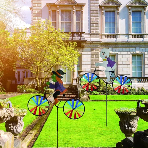 Miniatura 6 de Paquete de 2 ruedas giratorias de bicicleta de bruja y fantasma de Halloween de 20 pulgadas, molinos de viento con estacas, molinos de viento