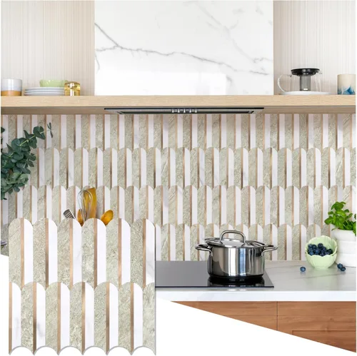 Miniatura 10 de 10 hojas de escamas de pescado para despegar y pegar para azulejos de pared de cocina, 12 pulgadas, mármol marrón, mezcla de metal dorado, azulejos