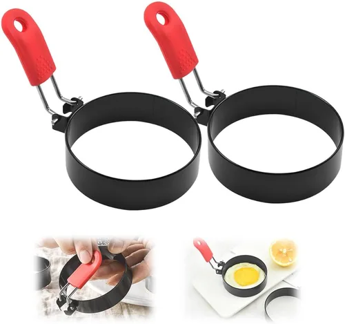 Anillos de huevo para freír, anillos de huevo de acero inoxidable para freír anillos de huevo con mango de silicona, anillos redondos de 3.5 Rojo