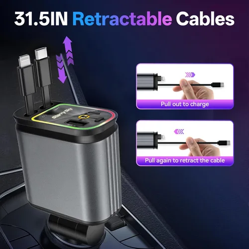 Miniatura 2 de Cargador de Coche Retráctil, Cargador de Coche de Carga Rápida 4 en 1 Compatible con USB-C y USB-A para iPhone 16/15/14/13/12/11/X, Galaxy, Pixel